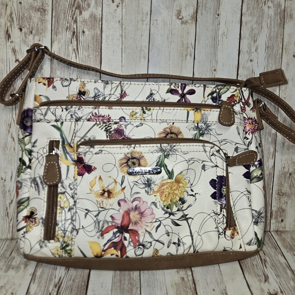 Multisac Handbags - MultiSac Crossbody Purse Floral Butterfly Print Multiple Zip Pockets Cream EUC